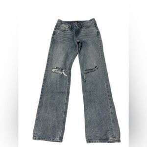 Express modern straight distressed 4 long low rise jeans denim